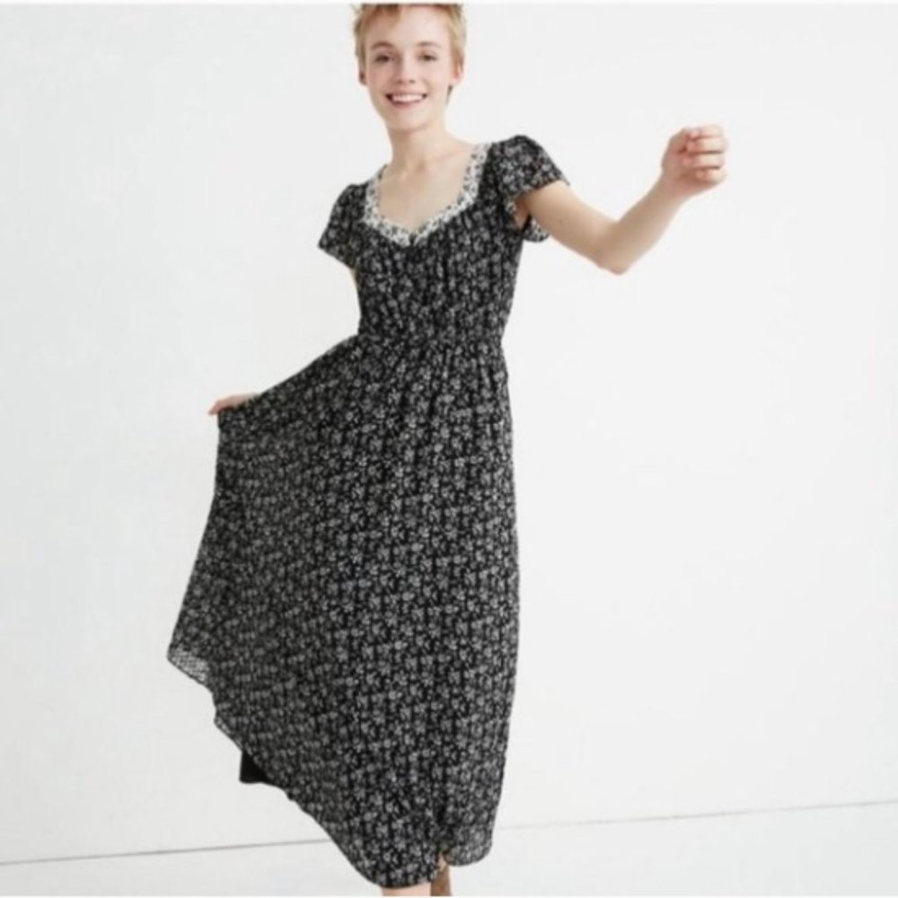 Print-Mix Sheer-Sleeve Dress in Branch Floral